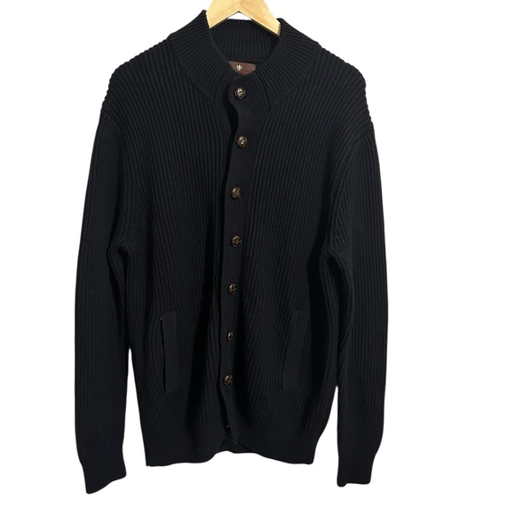 Classic Black Men's Cardigan Wool Blend Sweater Grandfather Preppy Minimalist XL - Picture 1 of 9